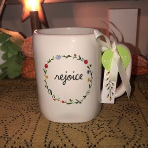 Rae Dunn REJOICE Mug (Colorful Wreath Around Word)